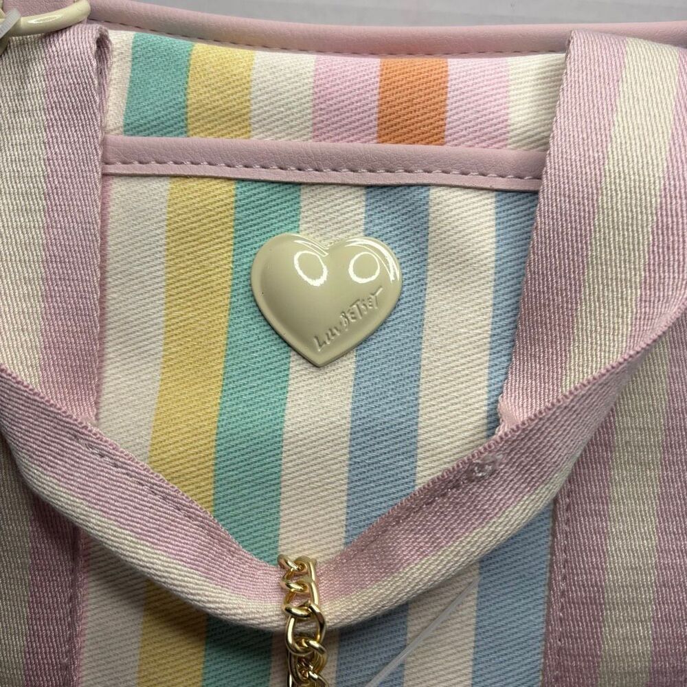 Betsey Johnson Canvas Tote Colorful Rainbow Stripe Floral Bag Charm NWT - Picture 2 of 14